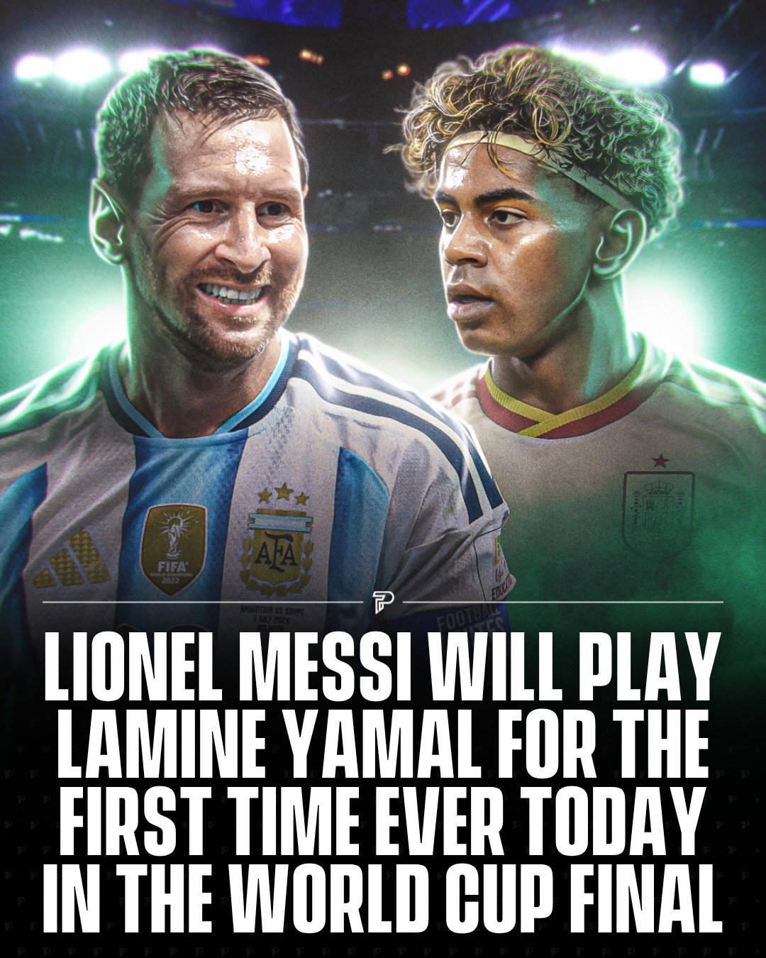 Lionel Messi and Lamine Yamal are set to face each other on the pitch for the first time when Argentina take on Spain in the 2026 World Cup final today.

Traders are predicting on @kalshi which way this match will go, who are you backing? 👀

The match brings together two generations of No. 10. Their connection dates back to 2007, when a 20 year old Messi was photographed bathing six month old Yamal during a charity calendar shoot organized by Diario Sport and UNICEF.

Argentina are aiming to become the first nation since Brazil in 1962 to win consecutive World Cups, while Spain are chasing their second title after winning in 2010. ⚽

#Pubity #Viral #Sports #KalshiPartner