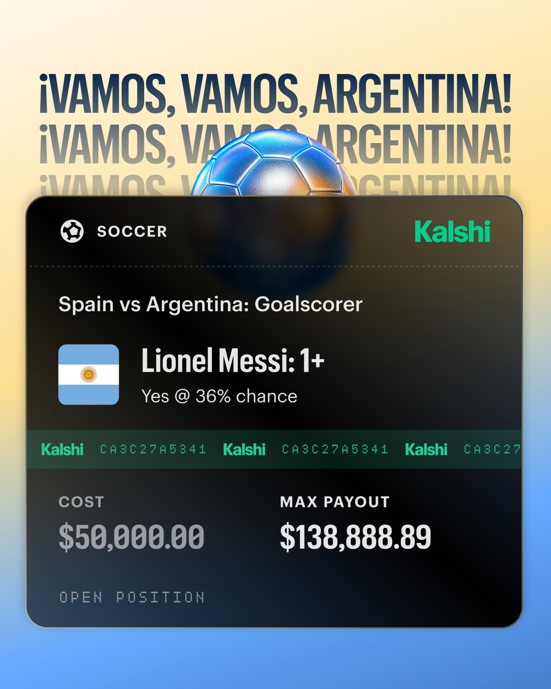 Lionel Messi and Lamine Yamal are set to face each other on the pitch for the first time when Argentina take on Spain in the 2026 World Cup final today.

Traders are predicting on @kalshi which way this match will go, who are you backing? 👀

The match brings together two generations of No. 10. Their connection dates back to 2007, when a 20 year old Messi was photographed bathing six month old Yamal during a charity calendar shoot organized by Diario Sport and UNICEF.

Argentina are aiming to become the first nation since Brazil in 1962 to win consecutive World Cups, while Spain are chasing their second title after winning in 2010. ⚽

#Pubity #Viral #Sports #KalshiPartner