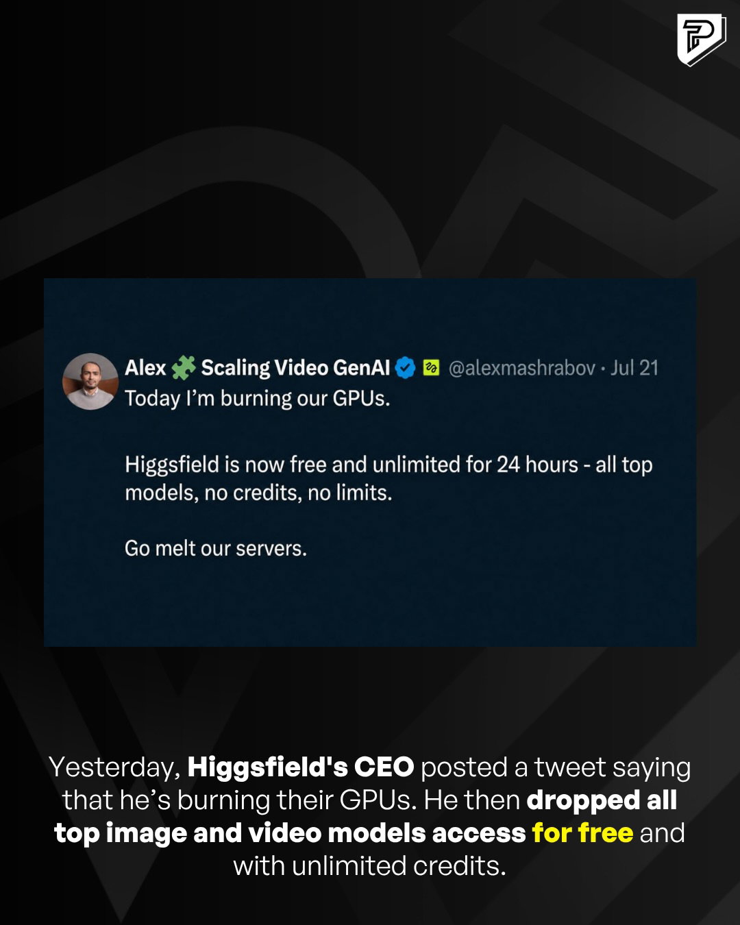 FREE and Unlimited @higgsfield.ai 🤯 

Higgsfield’s CEO tweeted he’d “burn the GPUs”, turns out he wasn’t joking.

Higgsfield is free and unlimited: Seedance 2.0, the video model the whole industry is talking about, plus Kling 3.0, GPT Image 2, Nano Banana Pro and all the other top models - zero credits charged, no limits.

For scale: a single Seedance generation costs up to $2.80 on other platforms. Today you can run hundreds of them and pay nothing.

And that’s not all - stay after the free day, and your subscription starts with 7 MORE days of unlimited access. You can cancel during the trial in one click. This offer is available for all new users.

The window closes on Thursday 23rd July, get your free access now on https://higgsfield.ai/.

#Tech #HiggsfieldPartner #FreeAccess
