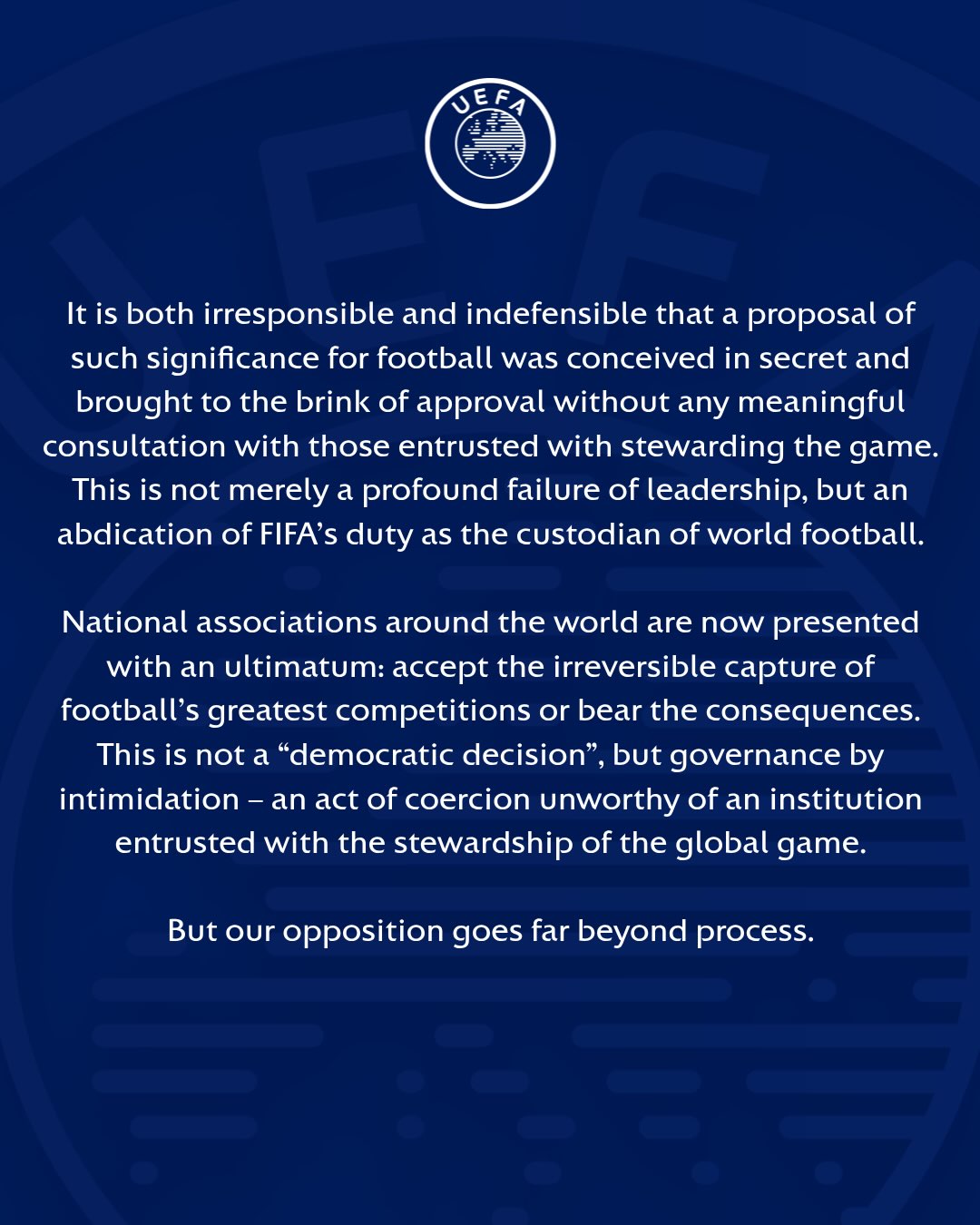 Statement on behalf of UEFA and its 55 National Associations