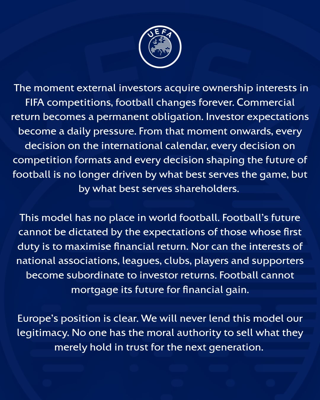 Statement on behalf of UEFA and its 55 National Associations