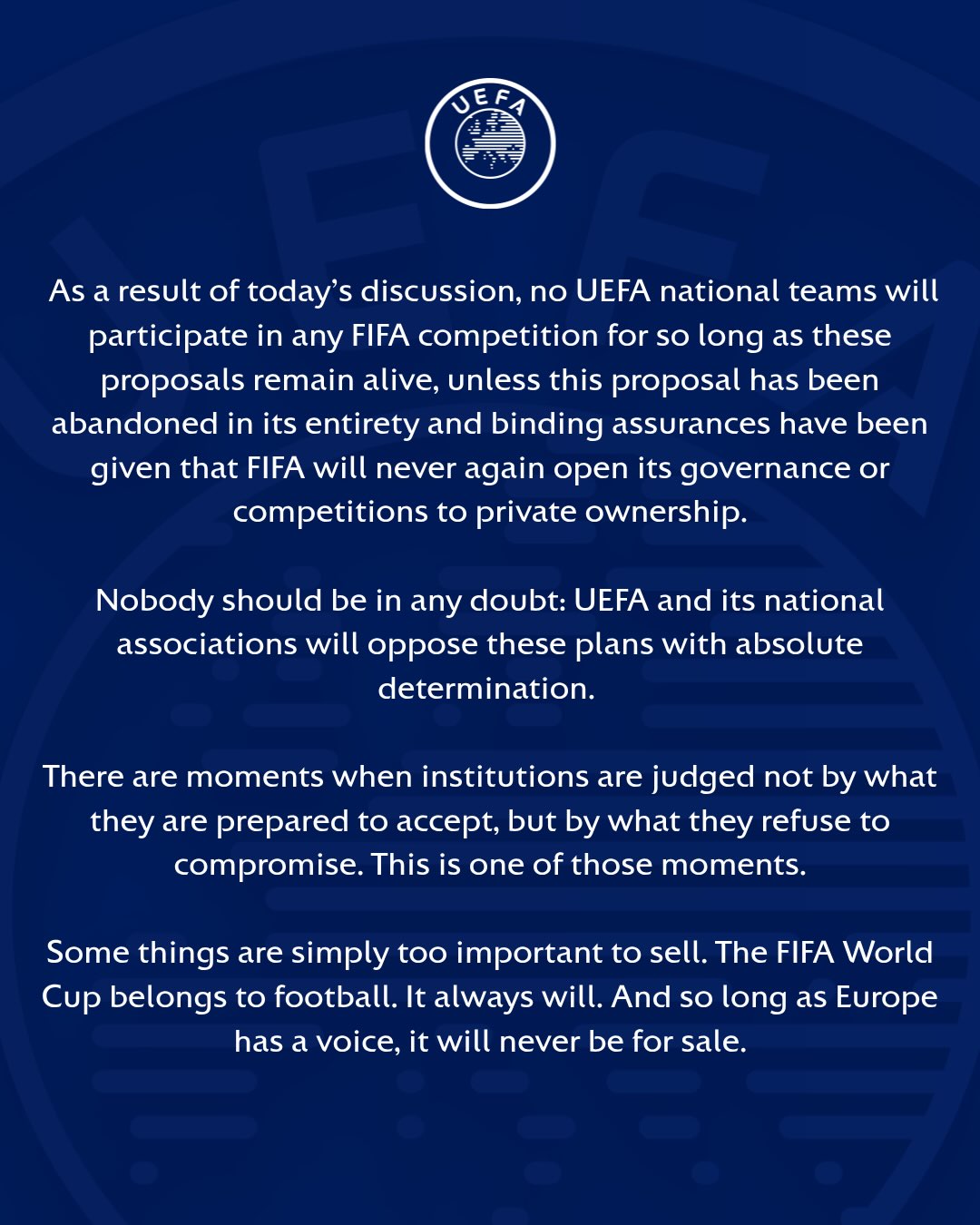 Statement on behalf of UEFA and its 55 National Associations