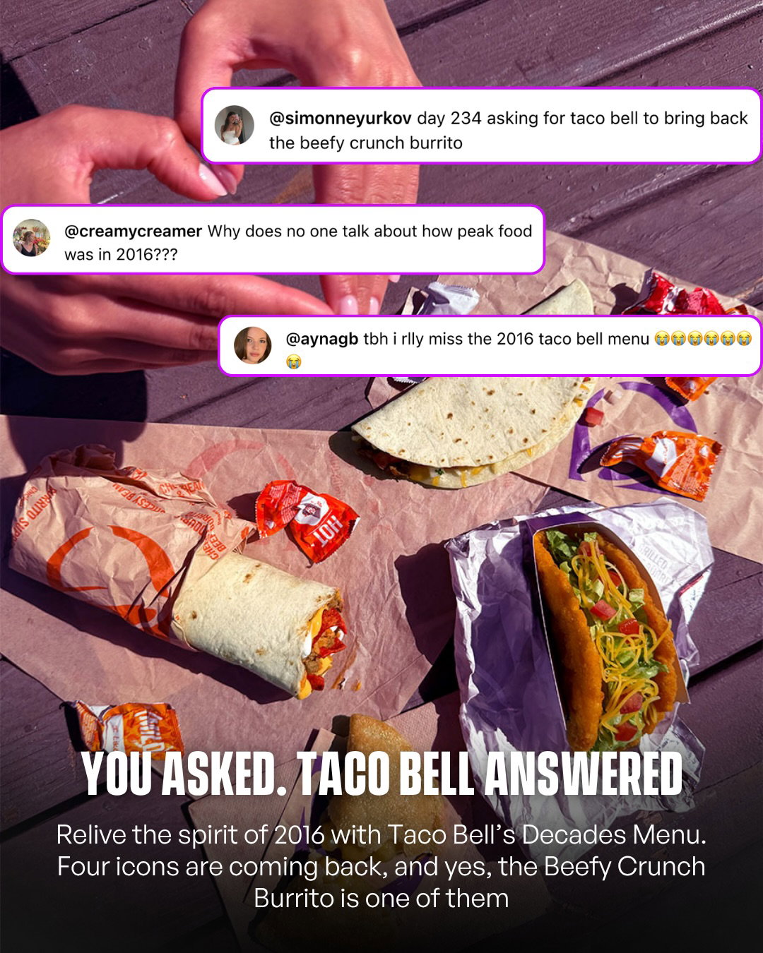 Swipe ⬅️ @TacoBell just brought 2016 back 🥹

The Decades Menu is reviving four fan-favorites at once: Naked Chicken Chalupa, Meximelt®, Beefy Crunch Burrito and the Caramel Apple Empanada. 

Four icons. One unforgettable era. All back on the menu. 

And it’s landing right alongside Divine, the six-second looping video app bringing back Vine-era internet. Some eras are simply too good to leave behind. 

Tag your Taco Bell buddy who’s been ready to relive 2016 👇 

#Pubity #TacoBellPartner