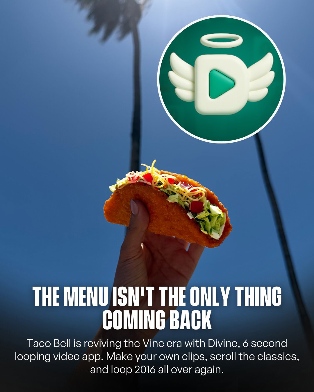Swipe ⬅️ @TacoBell just brought 2016 back 🥹

The Decades Menu is reviving four fan-favorites at once: Naked Chicken Chalupa, Meximelt®, Beefy Crunch Burrito and the Caramel Apple Empanada. 

Four icons. One unforgettable era. All back on the menu. 

And it’s landing right alongside Divine, the six-second looping video app bringing back Vine-era internet. Some eras are simply too good to leave behind. 

Tag your Taco Bell buddy who’s been ready to relive 2016 👇 

#Pubity #TacoBellPartner