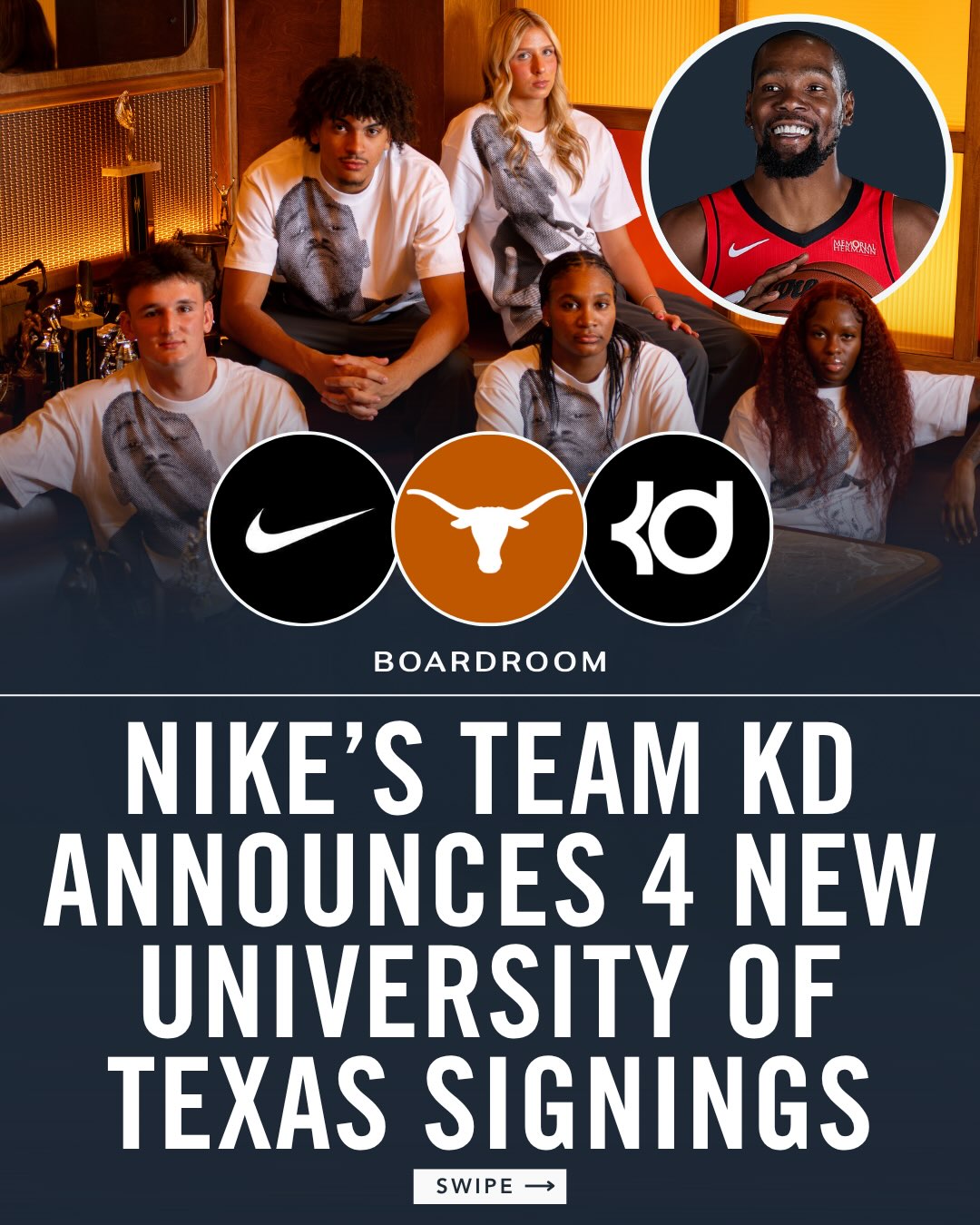 Kevin Durant, Nike, and The University of Texas announced four new athletes to their NIL roster today, adding Bo Odgen, Austin Goosby, Bryanna Preston, and Addison Bjorn in addition to previously announced Madison Booker.⁠
⁠
The comprehensive NIL program celebrates a select group of Longhorn student-athletes in their continued basketball journeys. In partnership with Nike and Texas Basketball, these athletes will receive access to KD PEs, apparel, NIL marketing opportunities and yearly programming in partnership with Boardroom.⁠
⁠
These new signees celebrated on Thursday, September 10th at the grand opening of Austin Sports Club, a new dining concept led by Lobos Hospitality and Boardroom Hospitality.