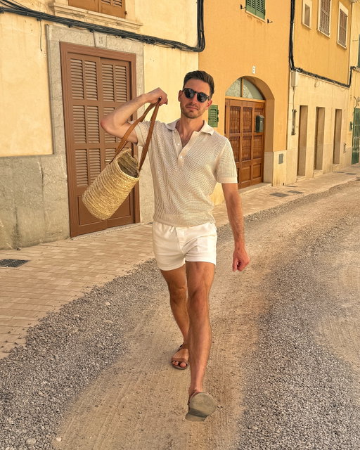 “My energy is too expensive and they can’t afford it!” — Taylor Swift ❤️‍🔥⁣
⁣
#ootd #mensfashion #neutraloutfits #mallorca men’s summer outfits, men’s mesh polo shirt, men’s white shorts, men’s vacation outfit ideas
