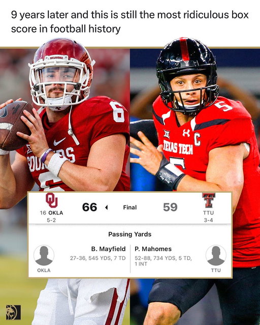 The Mayfield-Mahomes shootout in 2016 was next level

#collegefootball #football #throwback #boomersooner #texastech #oklahoma