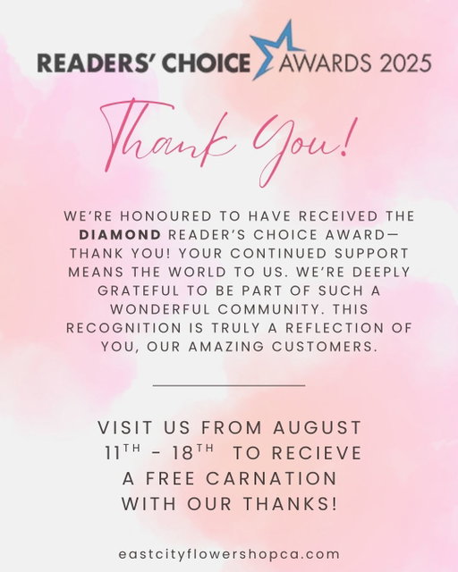 Last day to pick up your FREE carnation!🌸 Thank you for voting us Reader's Choice Diamond!💎