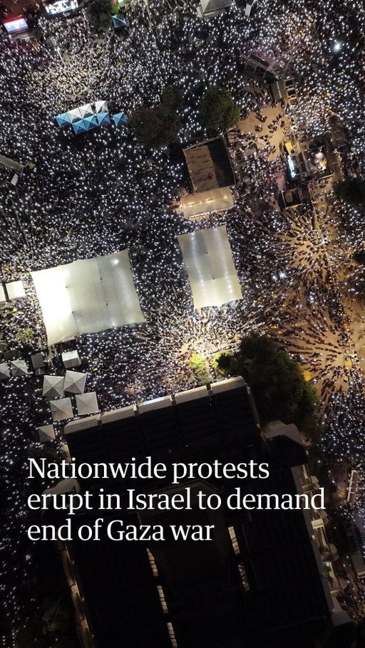 An estimated 500,000 people gathered in Tel Aviv on Sunday to call for an end to Israel’s war in Gaza and the release of hostages in one of the largest protests in Israel since fighting began in October 2023.

The rally on Sunday evening was the culmination of a day of nationwide protests and a general strike to pressure the government to halt the military campaign.

The Hostages and Missing Families Forum campaign group vowed protesters would “shut down the country”, with the goal of bringing back the hostages and ending the war.

“We demand a comprehensive and achievable agreement and an end to the war,” said Einav Zangauker, a leading figure of the protest movement whose son Matan is being held by Hamas in Gaza.

The protests came more than a week after Israel’s security cabinet approved plans to capture Gaza City, 22 months into a war that has created a dire humanitarian crisis in the Palestinian territory.

Israel’s military offensive has killed at least 61,000 Palestinians, according to Gaza’s health ministry, most of them civilians. The figure does not include the thousands believed to be buried under rubble or the thousands killed indirectly as a consequence of the war.

The Israeli prime minister, Benjamin Netanyahu, criticised the protesters, saying their actions “not only harden Hamas’s position and draw out the release of our hostages”, but also ensured that “the horrors of 7 October” would reoccur.

Follow the latest developments as ceasefire negotiations continue today in Cairo by heading to the link in bio.