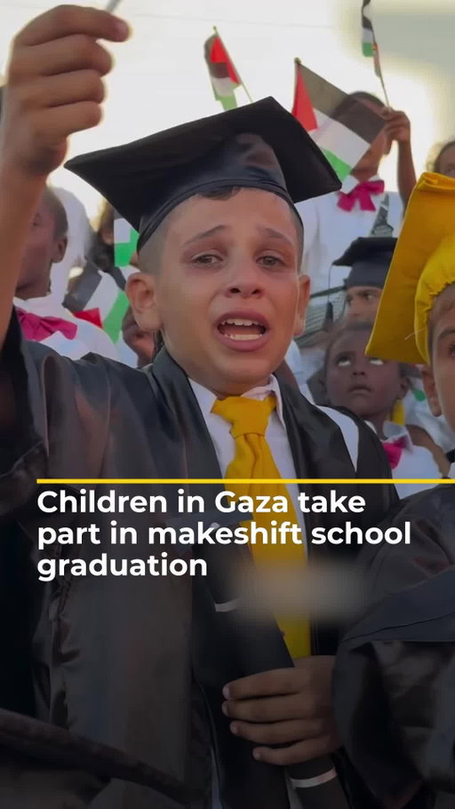 Palestinian children who have lost parents were overcome with emotion as they graduated in a ceremony at #Gaza's al-Wafaa Orphan Village. ⁠
.⁠
The UN says Israel has damaged 97% of educational facilities in the besieged enclave.⁠
.⁠
#Israel_Gaza_War #Palestine #Israel