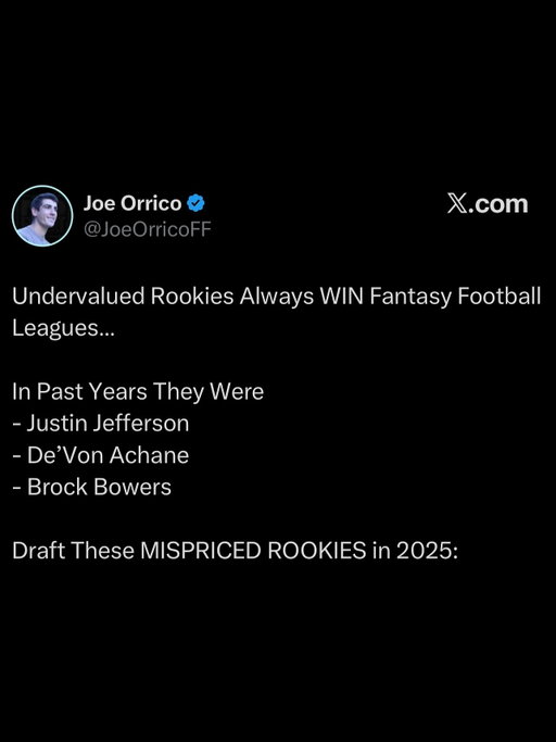Undervalued Rookies Always WIN Fantasy Football Leagues…

In Past Years They Were
- Justin Jefferson
- De’Von Achane
- Brock Bowers

Draft These MISPRICED ROOKIES in 2025:

Colston Loveland

Best College Target Share Ever
- 34%+ (Among TEs)

There’s More
- 99th Perc. Dominator Rating
- 3.5% Drop Rate

Elite Receiving Threat
- Smooth Route-Runner
- Great After Catch

Ben Johnson made Rookie Sam LaPorta Fantasy TE1 Overall…

Quinshon Judkins

DEFINITION of Sleeping Giant.

In College…
- 1.1+ TDs/Game
- 19+ Touches/Game
- Zero Games Missed

LEVELS Better than All Current CLE RBs…

Browns have an A-rated backfield schedule.

After legal stuff is sorted, Judkins will DOMINATE.

Emeka Egbuka

Career OSU Record Holder
- Receiving Yards
- Receptions

Will start season as Bucs WR2 alongside Mike Evans.

Both Evans & Godwin ranked as Top 10 WRs in fantasy points/game last year.

No sign of Godwin’s return.

McMillan currently on IR.

Luther Burden III

Discounted HEAVILY in drafts due to crowded Bears WR room…

Scoop up that value.

Most Dynamic CHI WR
- Elite from slot
- YAC machine

Perfect compliment to Moore and Odunze.

Has to beat out Olamide Zaccheaus for valuable fantasy work…
#nflfantasy #fantasyfootballadvice #fantasyfootball #fantasyfootballtips