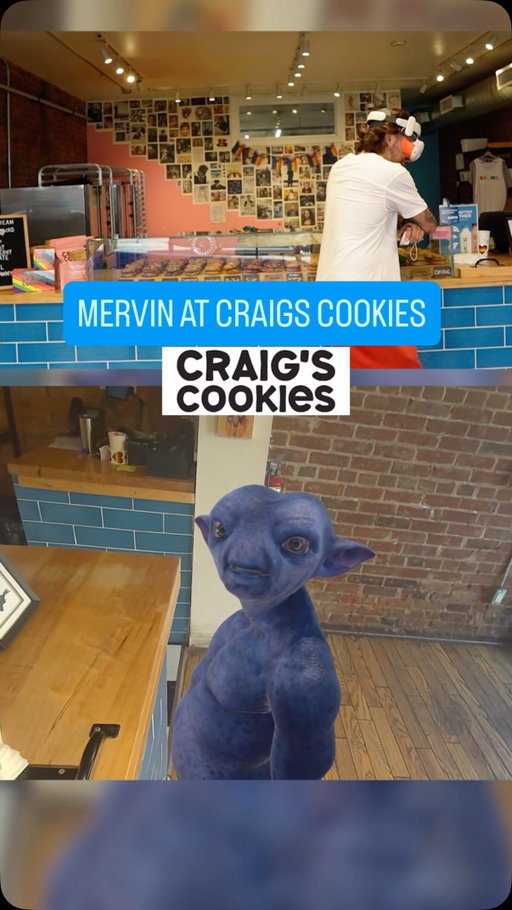 Mervin living his best life at @craigscookies 🍪 The Mervin cookie was a hit!👽 #mervin #vr #craigscookies #ai #tykeai #toronto #artificalintelligence #cookies