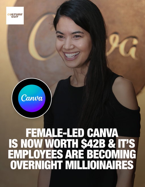 Melanie Perkins just proved you don’t need Silicon Valley to build a $42B tech giant.

Her design platform Canva turned a side project from Australia into a global staple with 240M users, and now, it’s minting employees into millionaires through a rare $42B share sale. Some staff cashed out as much as $3M in equity.

Why this matters:

Female-led unicorns at this scale are rare, and Perkins is now one of the richest women in techCanva’s employee-first equity approach boosts retention while rewarding loyalty.

- With an IPO likely in 2026, Canva’s valuation already beats Figma’s pre-IPO numbers
- Perkins and co-founder Cliff Obrecht pledged to give away 80% of their stake to philanthropy

A tech empire built on design, impact, and equity, literally.

Follow @culturecutbusiness for exclusive original content, giveaways, and more of the good stuff you just saw.

Media via Wikimedia/Shutterstock

#culturecutbusiness #femalefounders #femalebusiness