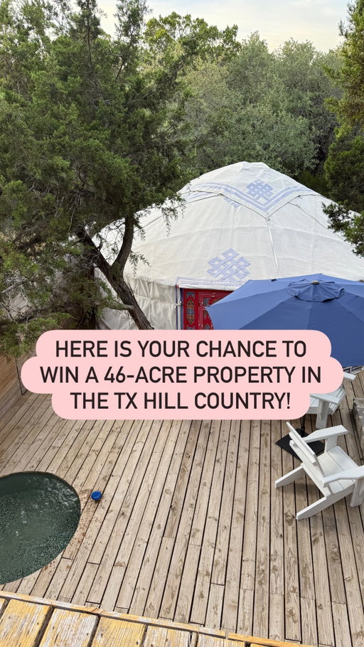✨ CLOSED ✨ GIVEAWAY ✨ TEXAS HILL COUNTRY RESORT GIVEAWAY ✨

@theyurtopian is holding a raffle-style property transfer (similar to one you might have read about in Ireland) and one lucky winner will win their magical 46-acre glamping resort in Dripping Springs!

Be sure you’re following me and allow DMs. Comment ‘TICKET’ and I’ll send you a link for one FREE ticket in the giveaway! *No purchase necessary. Free tickets are limited to 200 (one per unique email address) so comment ‘TICKET’ now to claim yours.

If you’d like to buy more tickets to increase your odds of winning, you can choose any ticket bundle and my special promo code will give you an additional bonus ticket! Go to http://www.winmyranch.com/ for all the details to enter.

Here’s what you could win:
🏕️ 10 private luxury yurt rentals (king beds 🛌, rooftop decks, private hot tubs, outdoor kitchens, private bathrooms & fire pits)
🏡 2,000 sq ft home
🏠 3 barns for events
🧘🏽‍♀️ Wellness structure and a gorgeous creek 
💰 or choose to take $1 MILLION in cash instead!

The winner will be chosen and announced on September 30, 2025. 
 
*This giveaway is not endorsed by or affiliated with Instagram.

#sweepstakespartner (I may earn a commission if you enter through my link).

#winmyranch #theyurtopian #glampinggiveaway #giveaway #texastravel #texasglamping #DrippingSprings #raffallcampaign #texashillcountry