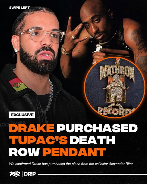 #Drake purchased #Tupac’s Death Row pendant and just flexed it on IG‼️👀

We have confirmed that Drake purchased the famed piece from Alexander Bitar, a collector of historical pieces 🔥

Drake is now in possession of Pac’s ring & pendant.

Y’all rockin’ with it⁉️
