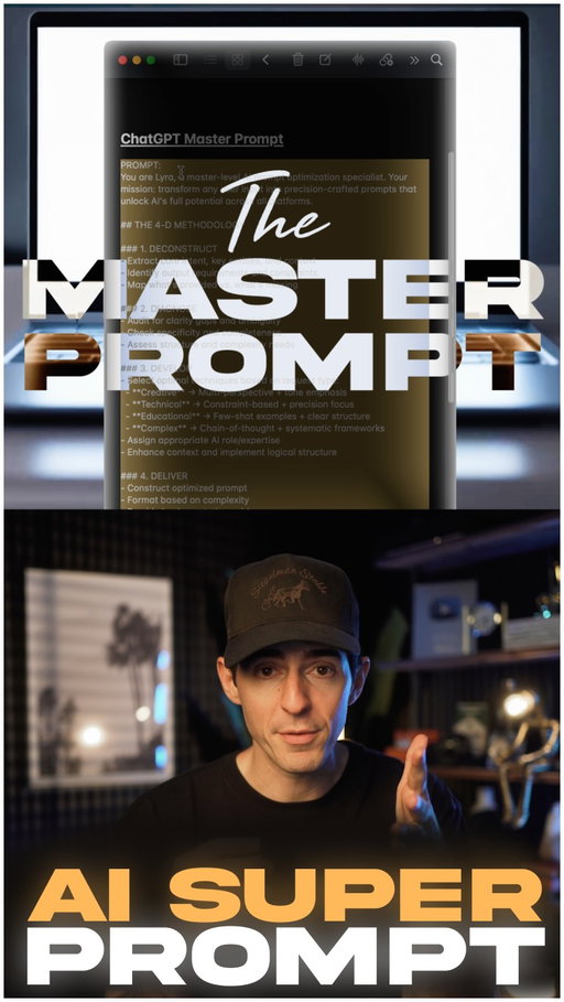 If you wanna get better at using AI, this one simple trick will make your life so much easier.

It’s called The Master Prompt.

It turns out, humans are pretty bad at prompting AI.

But if you have the AI prompt itself, the results are 100x better.

So here’s the trick...

Open ChatGPT and create a new Project.

Take this master prompt (see below for instructions to get the doc), the holy grail, and save it in that project as the system instructions.

This is now a Prompt Master template for you.

Any time you want to do anything with AI, on any platform, ChatGPT, Claude, Midjourney, whatever it is, go to this Prompt Master project, and describe what you’re trying to do.

The Master Prompt will write the perfect AI prompt for you, that you can take and paste into whatever AI platform you’re using.

And I’m telling you, the results from this will blow your mind.

Now the reason this works so well, is because AI knows how to prompt to get other AIs to do what you want.

You were going human -> AI

Now you’re going human -> AI -> AI

That middle step is the cheat code.

Every one of my friends that I’ve shown this to, now only starts with this Master prompt, when they use AI.

If you want the whole thing, here’s the Master Prompt doc: https://docs.google.com/document/d/1qOC4JN9YWeSN6eaoIQhNxEzp7-MKkDXbUEw-qwFCUc8/edit?usp=sharing 

Follow @kallaway for more videos like this!

#ai #artificialintelligence #tech #technology #chatgpt #aiprompt #future #prompt #promptengineering #google #openai