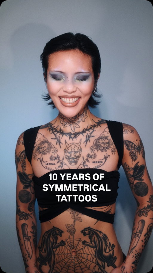 10 YEARS OF SYMMETRICAL TATTOOS!!!!! No regrets at all and looking forward to the next one! 
•
#avantgardemakeup #editorialmakeup #experimentalmakeup #patchworktattoo #hairgrowth #tattootour