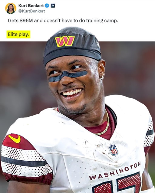 Gets a bag, doesn’t have to do training camp, stays with an ELITE young QB. Honestly a genius when you think about it 🤣

#nfl #nflqb #commanders #news
