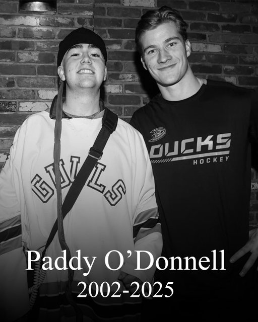 With a heavy heart we mourn the loss of our friend Paddy O’Donnell, who passed away over the weekend. 
We were thrilled to host Paddy and his family two seasons ago at Hockey Fights Cancer Night, where the former goalie spent time postgame with his friend, our own Lukáš Dostál. 
Our thoughts and best wishes go out to the O’Donnell family and everybody who had the pleasure of bringing Paddy into their lives. 🧡