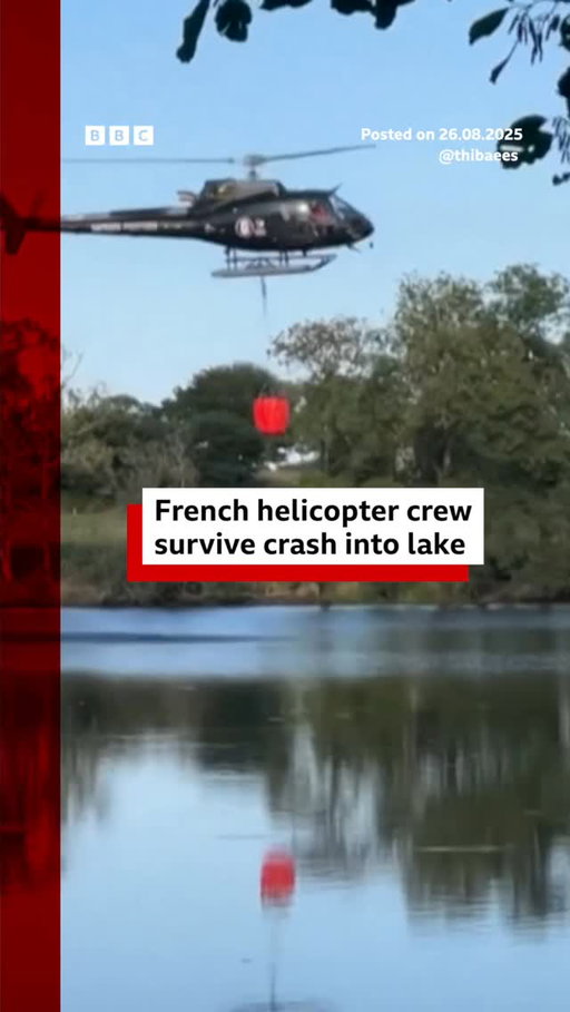 A French helicopter crew survived after the aircraft they were travelling in crashed into a lake.
 
The crash happened while the crew were trying to collect water to fight wildfires.
 
An eyewitness filmed the moment the helicopter appeared to lose control and ended up in the lake in Rosporden, north-western France.
 
Tap the link in @BBCNews’s bio for more on Europe’s wildfires. 

#Rosporden #BBCNews
