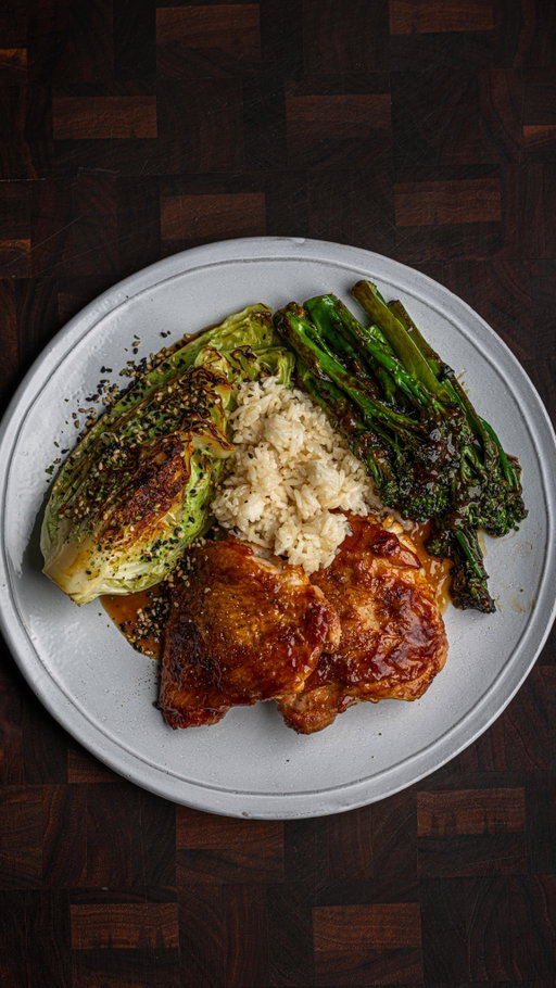 The chicken alone with just oyster sauce and salt are so juicy & flavourful! 

But I couldn’t leave you without a pan sauce too! Let me know in the comments if you want a video on the cabbage and broccoli too.

Chicken

4 skin-on chicken thighs
3 tbsp oyster sauce
Salt to season

1. Season the chicken skin liberally.
2. Start with a cold pan and no oil. I like to use a stainless steel pan as it gives great sucs (all the gubbins left at the bottom of the pan that some people call fond).
3. Start pan frying on medium low. If you’re unsure go lower than you think you need to. You can always turn it up later.
4. As the skin cooks the Maillard reaction will happen (the browning) and it will start to unstick.
5. Once you have the colour you want on the skin brush the it with the oyster sauce and place the whole thing in the oven. Clearly you need an oven-safe pan for this.
6. Cook at 180°C for 5 minutes and you should find the internal temperature is over 75°C. You can rest these under some kitchen foil on the counter top whilst you make the sauce, or you can leave them in the oven with the door ajar until the oven cools to around 40°C. They’ll keep at that temperature for easily 30 minutes.

Pan Sauce

1 medium shallot
1 clove garlic, minced
1cm piece of peeled & minced ginger
80ml dry vermouth
1 tsp light soy sauce
1/2 tsp fish sauce
1 tsp rice vinegar
1 tsp mirin
200ml chicken stock
2 tsp lime juice
3 tbsp butter 

1. Bring the pan to a medium heat and add the shallots. Cook until translucent.
2. Add in the minced garlic and ginger and cook for another minute.
3. Deglaze with some dry vermouth and reduce until ‘jammy’.
4. Add in the soy sauce, fish sauce (I used dark soy in the video which you can also do), rice vinegar and mirin. Cook for another minute.
5. Add in the chicken stock and reduce aggressively until the spatula traces through.
6. Turn the heat off to finish with lime juice and cold butter. Keep the pan moving to emulsify.

**To serve**

Hispi (sweatheart) cabbage with furikake
Garlic & ginger Tenderstem broccoli 
Sticky jasmine rice with spring onion