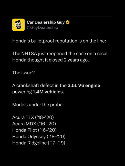 Though the investigation just started, If the defects are confirmed this could become one of Honda’s biggest and most expensive recalls ever.

Stay up to date on all of the biggest recalls today at CDG’s Recall Tracker: cdgrecalls.com -> link in bio