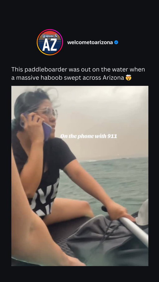 A video went viral of a paddleboarder calling 911 after being caught on the water when a massive haboob hit Arizona 🤯 Thankfully, she made it out safely 🙌

Credits: @pame_luxxx 

#Arizona #Haboob #OnlyInArizona #ArizonaWeather