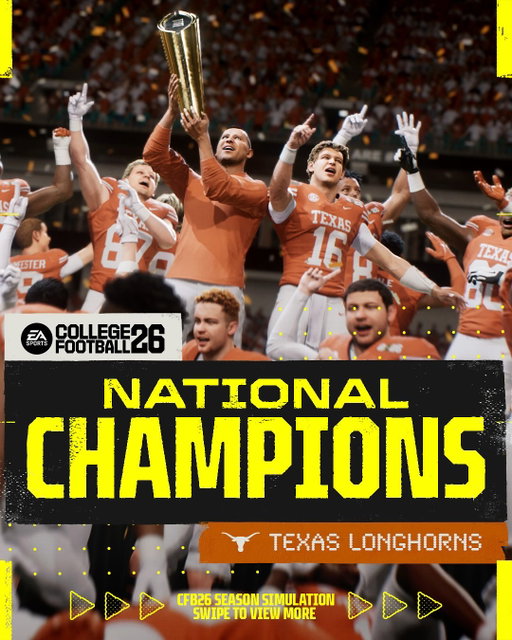 🤘The official College Football 26 sim results are in. The Longhorns are your National Champs!

Dive into #CFB26 Free Play all weekend, link in bio.