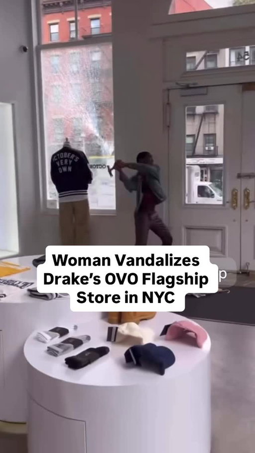 A woman vandalized Drake’s OVO flagship store in New York City, smashing the shop with a hammer and causing more than $23,000 in damage, police say.

Authorities also claim she attempted to set the store on fire. In another clip, she can be heard telling officers that “he” stole her designs, though that claim has not been confirmed.

She’s now facing charges of criminal mischief and attempted arson.