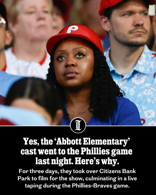 The crowd at Citizens Bank Park on Thursday cheered for many reasons: Fans came decked out in costumes for “Star Wars” night, Kyle Schwarber made history hitting four home runs, the Phillies beat the Braves by a whopping 15 runs — and the cast of “Abbott Elementary” appeared on the Jumbotron, cheering along in the stands, too.⁠
⁠
Barricaded in section 114, eight actors from the beloved ABC sitcom, including creator and star Quinta Brunson, sat together amid dozens of extras while multiple cameras captured the action.⁠
⁠
But why were they there?⁠
⁠
A few weeks ago at San Diego Comic-Con, Brunson announced plans to film at a “live event” in Philadelphia, but she didn’t elaborate much. “I do think that Philly sports fans will be very happy … and sports fans in general,” she said.⁠
⁠
Last night’s game was that live event and, yes, Phillies fans are definitely happy.⁠
⁠
Especially Brunson, who shared a photo with her and Schwarber on her Instagram story on Friday morning.⁠
⁠
Read the full story at the link in @phillyinquirer’s bio.⁠
⁠
📝 by Rosa Cartagena / Staff⁠
📸 by Yong Kim / Staff