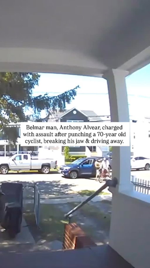 Learn more👇

A Belmar man has been arrested after allegedly pulling his SUV in front of two bicyclists and punching one of them in the face, leaving the 70-year-old victim with a broken jaw that required surgery.

Police say Anthony Alvear, of Belmar, stopped his dark-blue Kia SUV near 12th and D streets Friday afternoon, shouted at the cyclists, and then struck the victim with a closed fist while cursing at him. The assault was captured on a neighbor’s Ring camera, which shows the victim falling to the ground as Alvear drove off, using profanities and a homophobic slur.

Witnesses rushed to help the injured man, who was later taken for treatment.

Police identified Alvear the same day but did not find him at his home until Sunday, when he was taken into custody without incident. He has been charged with second-degree aggravated assault and issued a summons for a noise violation. He is being held at the Monmouth County Jail.

-

Follow @townsofnewjersey for more #local news in NJ 

#monmouthcounty #monmouthcountynj #jerseyshore #njnews #belmarnj #townsofnewjersey