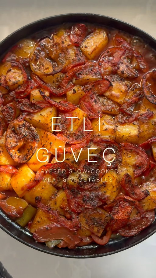 ETLİ GÜVEÇ (LAYERED ONE-POT SLOW-COOKED BEEF & VEGETABLES): Ok, what are you having for dinner tonight, because you know as soon as my big casserole dish comes out, there’s some serious one pot delicious goodness coming your way. Think of this as the lazier, easier (if that’s even possible) sister version of Yanyana Tavası. 

The concept of Tava is very similar to Güveç, the only difference being that the latter is layered into a deep clay pot, weighted down, with the meat at the bottom, rather than spread out into a large round metal baking tray. It’s the perfect dish for long, lazy weekends due to the slow-cooking methods, but it makes a good, hearty midweek meal too. Recipe is on my blog (link in bio - it’s quite an old one, so search for “ETLI GÜVEÇ (LAYERED ONE-POT SLOW-COOKED BEEF & VEGETABLES)) and also in my first book, Meliz’s Kitchen. For this recipe I use braising beef, but you could also use the more traditional lamb, or chicken. Please make it. 

Serves 4-6

2 tbsp tomato purée
2 tbsp Turkish sweet red pepper paste (tatlı biber salçası) + 100ml boiling water 
400ml chicken / beef stock 
4 tbsp extra virgin olive oil
800 g (1 lb 9 oz) beef braising steak, diced
2 large red onions (300 g/10½ oz), thinly sliced
8 garlic cloves, peeled and bashed
2 bay leaves
1 1/2 tsp sea salt flakes
¾ tsp coarse black pepper
2 kapya biber / tomato / small red bell peppers
2 large long green mild (carliston) pepper / 2 small green bell peppers, cored, deseeded and cut into 2-3cm pieces 
750 g (1 lb 10 oz) Cyprus or Maris Piper potatoes, peeled, cut into 3cm chunks 
3 slices of fresh lemon
½ tsp dried mint
1 tsp dried oregano
4 tomatoes, halved and sliced

#etligüveç #güveç #onepot #onepotmeal #fridaydinner #sundaydinner #weekenddinner #lazyweekend #slowweekend #slowcooking #beef #lamb #chicken #vegetables