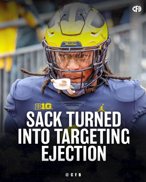 After initial review of a possible fumble, Michigan’s Jaishawn Barham is ejected for targeting on this play.

Michigan will now be without Jaishawn for the 1st half against Oklahoma next week. 

First controversial @CFB call of the year⁉️

📸 NBC / X/CFBONFOX