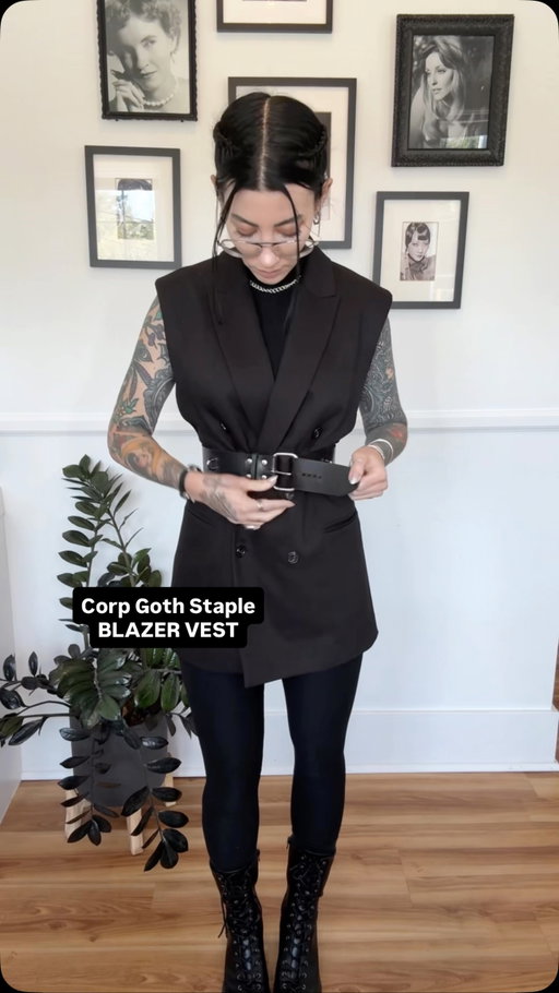 A Corp Goth Staple- Blazer Vest
Vest from @marcellanyc *aff code JESSICA10 for % off Marcella*
Body & Leggings @wearcommando thrifted from @poshmark 
Shoes @stevemadden 
Belt @babyturnsblue_paris 
Glasses @valleyeyewear 
Lip @themobbeauty M158 Cream Clay Eyeshadow