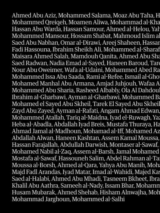 “By silencing the press – those who document and bear witness – Israel is silencing the war,” the Committee to Protect Journalists (CPJ) has said.

Over the past 22 months, the war in Gaza has become the most deadly conflict for journalists in history.

Last week, five Palestinian journalists – Hussam al-Masri, Mariam Abu Dagga, Mohammed Salama, Ahmed Abu Aziz and Moaz Abu Taha – were killed in a double strike on Nasser hospital by the Israeli military, bringing the total number of journalists and media workers killed in this conflict since October 2023 to at least 189, according to the CPJ. 

Other groups put the tally far higher; the UN human rights office puts the figure at 247.

Just one week before, another four Al Jazeera journalists and two freelancers were killed by a targeted Israeli strike on their tent outside al-Shifa hospital in Gaza City. The Israel Defense Forces (IDF) said it deliberately targeted the Al Jazeera crew – the correspondent Anas al-Sharif, the reporter Mohammed Qreiqeh, the cameraman Ibrahim Zaher, and Mohammed Noufal, a crew driver and cameraman. The IDF claimed it had evidence that Sharif was a Hamas terrorist.

The CPJ and other organisations say that this claim is part of a pattern of misinformation – along with other cases where slain journalists have been labelled as Hamas fighters or operatives – and is without credibility.

The Israeli military has prevented international journalists from entering and reporting on the war, and has decimated Gaza’s own media community. Under international law, journalists should be protected civilians, yet the CPJ says that Israel is “engaging in the deadliest and most deliberate effort to kill and silence journalists that CPJ has ever documented”.

The Guardian is printing the names of all the Palestinian journalists listed by the CPJ as having died as a result of Israeli military action since October 2023 as part of a day of action in condemnation of the killings and in solidarity with those journalists who remain, reporting on the war in Gaza.

To read family tributes – and for our new editorial on these killings – tap the link in bio.

Photograph: Gaza Media Center/Anadolu/Getty Images