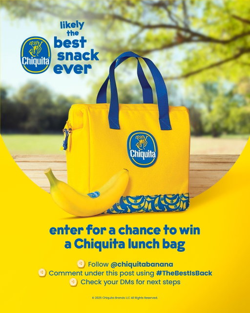 The cutest lunch bag ever? 👀
Enter for a chance to win a Chiquita lunch bag and snack like a style icon. 🍌✨

How to enter:
1️⃣ Follow @chiquitabanana
2️⃣ Comment using #TheBestIsBack
3️⃣ Check your DMs for the next steps 👀

IMPORTANT NOTICE! 
NO PURCHASE NECESSARY. Open to 50 U.S./D.C. & Canada (excl. Quebec), AOM+. Void where prohibited. Ends 9/14/25. Math skill test required for Canadian residents. For full Official Rules, click link in bio or visit https://www.chiquita.com/the-best-is-back-TCs-us-ca
