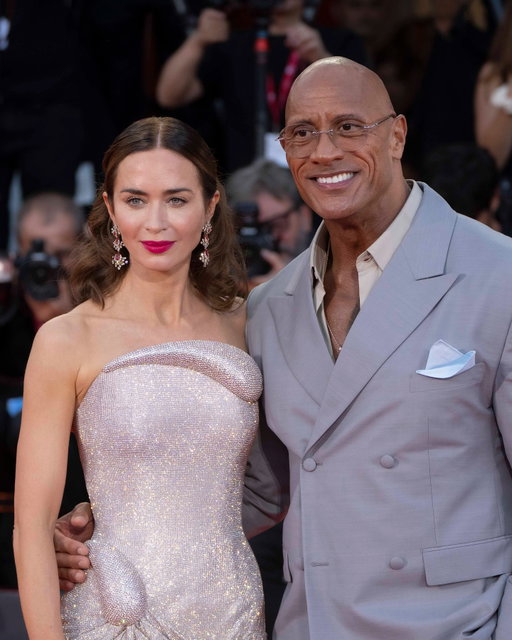 Dwayne Johnson, Emily Blunt, Mark Kerr and writer/director Benny Safdie at the Venice Film Festival world premiere of THE SMASHING MACHINE. Coming to theaters October 3.