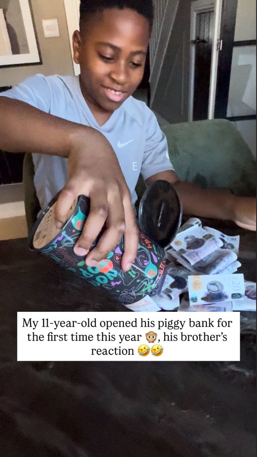 My 11-year-old opened his piggy bank for the first time this year 🙊 and you should’ve seen his brother’s reaction 🤣🤣.

Even though our kids have proper bank accounts, we still let them save cash at home, it teaches them discipline. And if you know Andrea, you know he’s a hustler and very careful with his money. Today he decided to move his savings into his account, and wow… the amount he had stacked up shocked us all🙊

But the real comedy was Muna’s reaction at the end 🤣. He’s more of the “let me spend a little now and then” type. Not him declaring, “I’m not spending any more money this year!” after seeing how much his brother saved 🤣🤣.

For me, it’s not really about how much, it’s how well he’s done it. Super proud of him❤️
