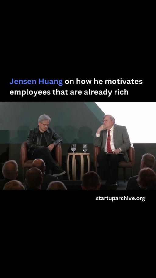 “How do you keep your employees motivated and energetic when they’ve probably become richer than they ever expected?” the moderator asks Jensen.

Jensen replies:

“My direct reports include 55 people. I write no reviews for any of them. I give them constant [feedback], and they provide the same to me… Many of our executives are paid the same—exactly to the dollar. I know it’s weird. And I don’t do 1-on-1s with any of them, unless they need me. Then I’ll drop everything for them. I never have meetings with them alone, and they never hear me say anything to them that is only for them to know. There’s not one piece of information that I secretly tell ‘E-staff’ that I don’t tell the rest of the company. That way, our company is designed for agility, for information to flow as quickly as possible, for people to be empowered by what they do—not what they know. So that’s the architecture of our company.”

With respect to motivation, Jensen explains:

“The answer for that is my behavior. How do I celebrate and talk about success? How do I celebrate failure? How do I talk about setbacks? Every single day, I’m looking for opportunities to instill the culture of the company — What is important? What’s not important? What’s the definition of good? How do you compare yourself to good? How do you think about good? How do you think about the journey? How do you think about results? All of that, all day long.”

Video source: @siepr_stanford (2024)

---

Want even more startup insights from the world's best founders?

Join the 11,000+ founders who read the free newsletter at startuparchive.org