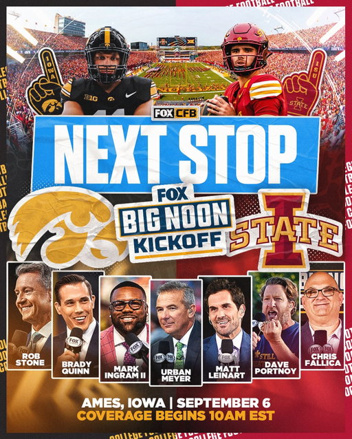AMES WE’RE COMING TO YOUR CITY! 🔥

Big Noon Kickoff will be bringing the party to Ames, IA for one of the best rivalries in CFB 🌪️🌽

See you soon @cyclonefb & @hawkeyefootball fans!