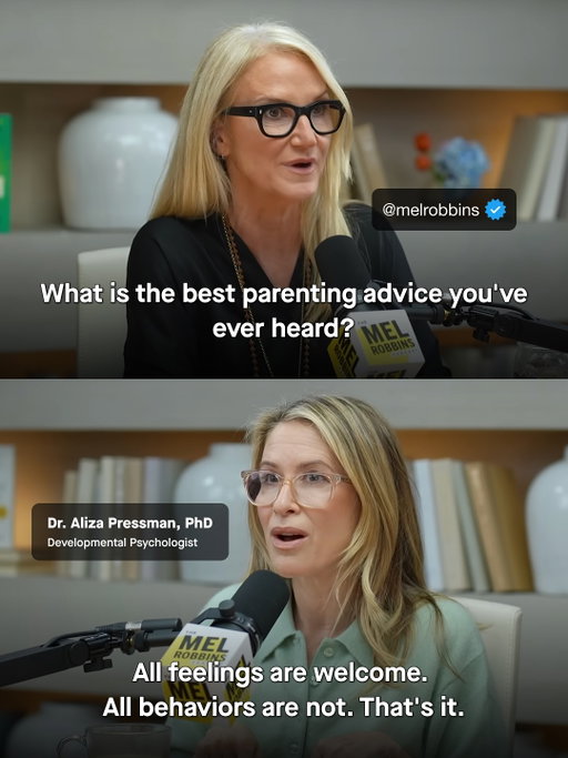 World-renowned developmental psychologist Dr. Aliza Pressman (@raisinggoodhumanspodcast) nailed the single best parenting advice I’ve ever heard:

“All feelings are welcome. All behaviors are not.”

That one line changes everything. Whether it’s your toddler’s tantrum or your teen’s outburst, the emotions underneath are valid. But that doesn’t mean every behavior is.

In this episode of @themelrobbinspodcast, Dr. Pressman is sharing 5️⃣ principles that will forever change the way you parent (and honestly, the way you show up as a human).

This isn’t just about raising kids. It’s about raising yourself, too.

Listen now! 🎧 “You Learn This Too Late: Understanding This Will Change the Way You Look at Your Relationships.”