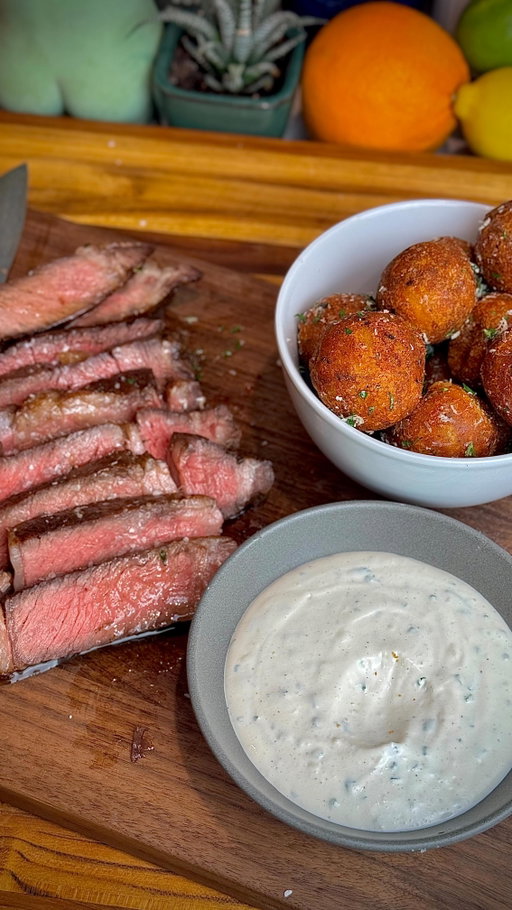 Steak night date night with crispy potato balls and homemade aioli 😍.

By the way, I have a cookbook out! Link in my bio 🙏🏻.

#steak #dinner #potato #aioli #recipe #foodie #cooking