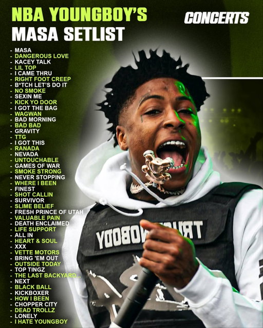 Here is the official setlist for NBA Youngboy’s ‘Masa’ tour 🔥

What song do you most want to see performed live⁉️

Note- The setlist is subject to change