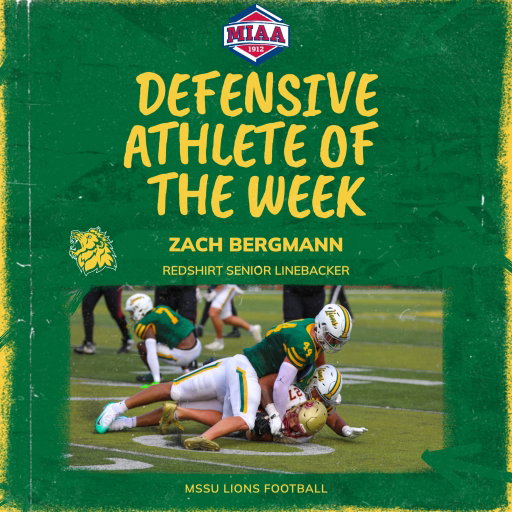 Congrats to Zach Bergmann on being named the first 2025 MIAA Defensive Athlete of the Week!!! 🦁🏈