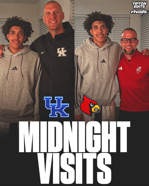 Kentucky’s Mark Pope and Louisville’s Pat Kelsey conducted in-home visits with 5⭐️ Tay Kinney last night at midnight, as soon as the recruiting period began 👀