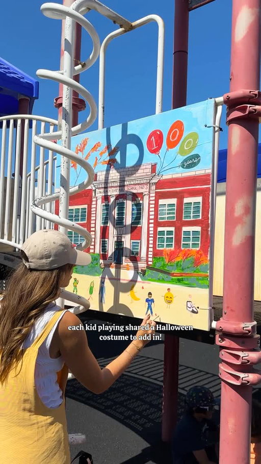 the playground on my kids school is in disrepair- so the PTA asked local painters to add murals to make it a happier place to play. 🥹 I let each kid on the playground add their Halloween costume on the bottom. We’re celebrating 100 years this year - and had to fight to keep the doors open last year. It’s such a special community. These kids deserve a new park 🥲🧡 but for now, this will have to do. if any company is seeing this & wants to help or donate, so many kids would appreciate it ✨🙏🏼 #painting #school