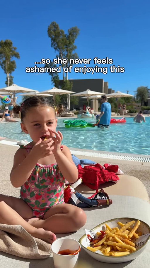 Never speaking negatively about my body or about food around her… so she never feels bad for doing this. 🍟

Our children absorb so much of what we say about ourselves and others. I really try to speak positively not just about my own body, but about any body.

At home, I talk about whether we have happy tummies, and I never label food as “good” or “bad.” I know the world will slowly try to teach Ada to shrink herself, but I hope to counter that messaging with every fibre of my being.

I never want her to feel like home is where she learned to doubt her body or fear her food. I want it to be her safe place, full of reminders that she is enough exactly as she is.

And that starts not only with how I speak, but also with what she sees. She won’t see me restricting myself, or punishing myself for eating fries. She’ll see me enjoying them, without guilt – because that’s the freedom I want her to grow up with. 💛

PS… If you liked this and want more you can preorder my book BIMBO now! (The link is in my bio!)