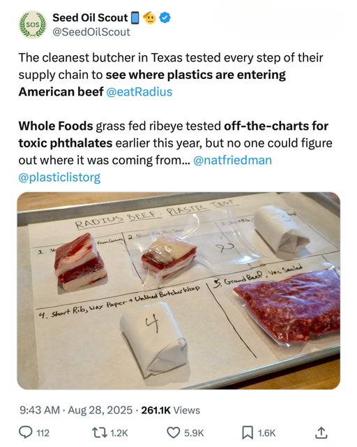 The REAL reason plastic is in your grassfed steak 🥩 

Earlier this year, Whole Foods’ grass-fed ribeye tested off the charts for toxic phthalates. Nobody could figure out why… until now. 

@eatradius tested every step of their supply chain to see where plastics are entering American beef. 

Read the full study at eatradius.com/beef-plastic-testing.