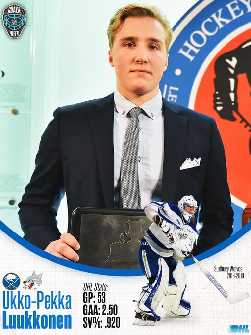 Easily one of the coolest names in league history!

In 2018-19, Ukko-Pekka Luukkonen’s standout season with the @sudburywolvesohl earned him both the Red Tilson Trophy and the Jim Rutherford Trophy.

#NHLGoalieWeek
