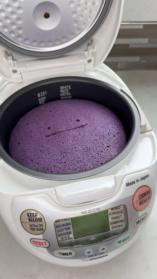 Ditto Marshmallow Cake by @katlieu! Can’t find a Ditto in the wild? Transform it into an ube cake with the best chiffon recipe on page 87 of "Modern Asian Baking at Home." Give it a try! 🍰💜 Shop the cookbook in our link in bio

INGREDIENTS Oil, butter, or nonstick spray, for greasing For the yolk batter: 4 large egg yolks 1 cup cake flour 2 tablespoons sugar ½ teaspoon baking powder A pinch of salt or miso ½ cup sparkling water 1 tablespoon Greek yogurt 1 teaspoon-1 tablespoon ube extract (for purple color and ube flavor) For the egg white batter: 4 large egg whites ¼ teaspoon cream of tartar or ½ teaspoon lemon juice (for stabilization) ½ cup powdered sugar PREPARATION 1. Grease the rice cooker bowl with oil, butter, or nonstick spray. 2. To make the yolk batter, mix all the yolk batter ingredients in a medium bowl until smooth. 3. To make the egg white batter, in a separate bowl, whip the egg whites with the cream of tartar or lemon juice until soft peaks form. Gradually add the powdered sugar and continue whipping until stiff peaks form. You can use a stand mixer fitted with a whisk attachment or hand mixer. 4. Gently fold the egg whites into the yolk batter using a rubber spatula, being careful to not deflate the mixture. Fold until no white streaks remain. 5. Gently pour the cake batter into the prepared bowl, smoothing the top without deflating the mixture. 6. To cook in a rice cooker, set the rice cooker to “Mixed Mode” first. Once that cycle is complete, set it to “Hard Mode.” If the cake is still not done, run it once more on “Quick Mode.” If your rice cooker does not have all these modes, try cooking the cake on 1½ cycles to start. 7. Enjoy your light, fluffy marshmallow-like ube cake!